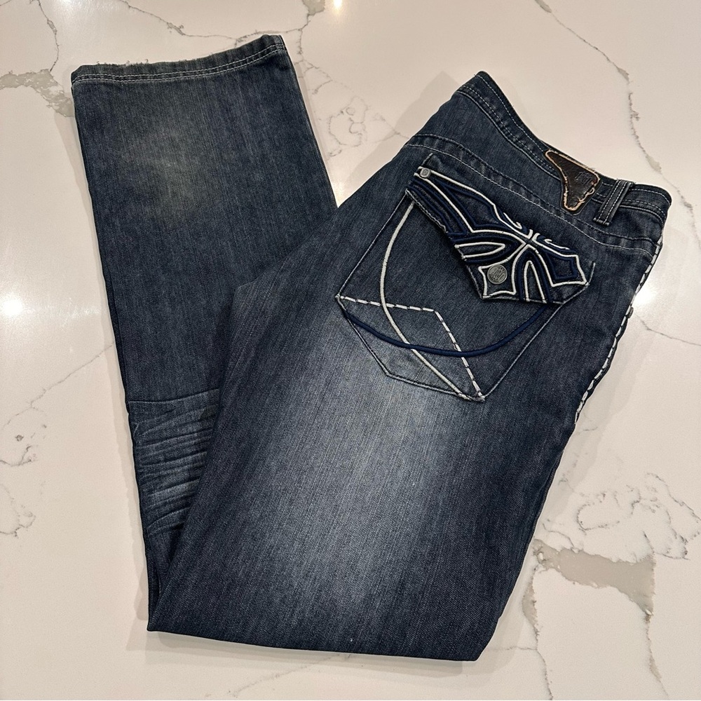 96 North Jeans Mens Y2K Slim Straight Embroidered 40 x 34 Hip Hop Distressed